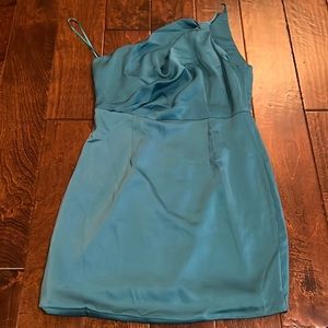 dark teal party dress with front rushing, size large, from small boutique